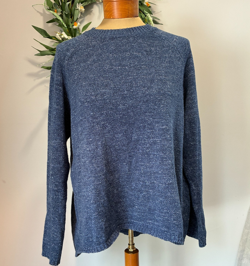 Eileen Fisher Blue Knit Pullover 100% Cotton Sweater Long Sleeve Hi Lo, Size M